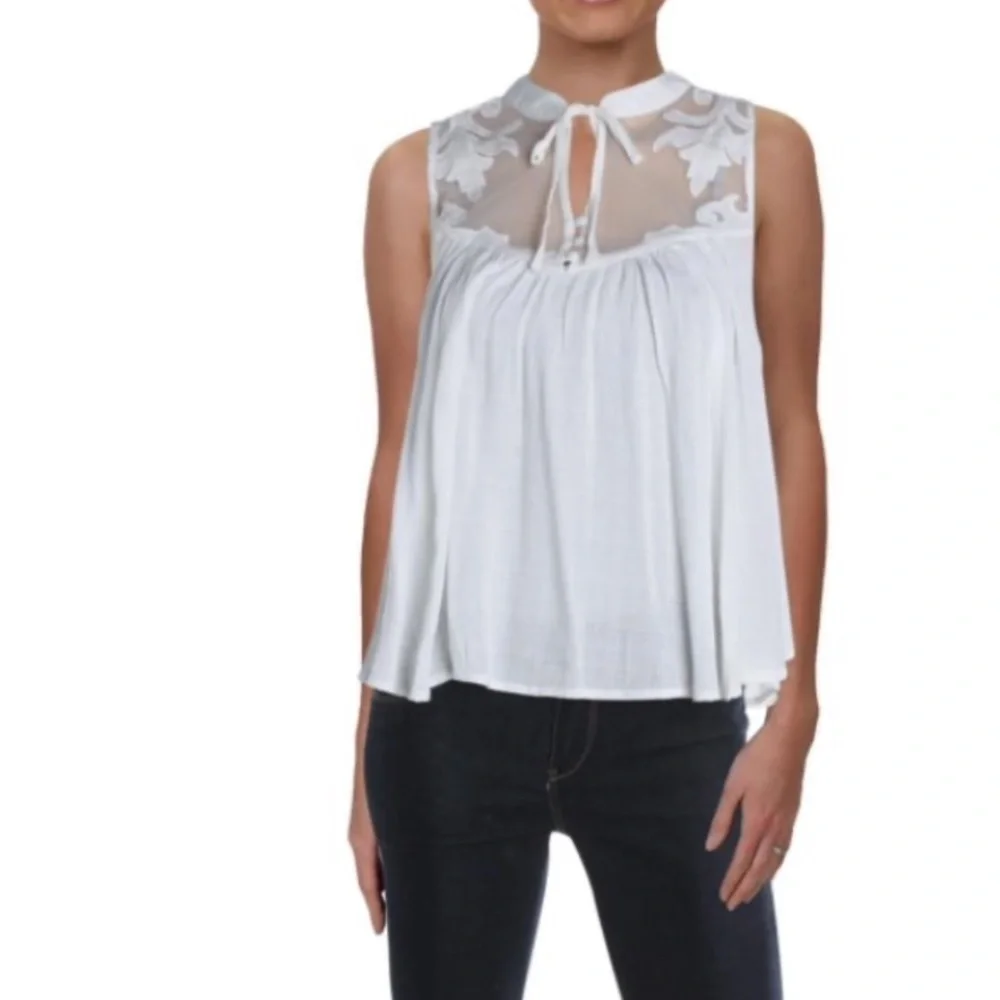 Free People White Lace and Mesh Blouse, S
